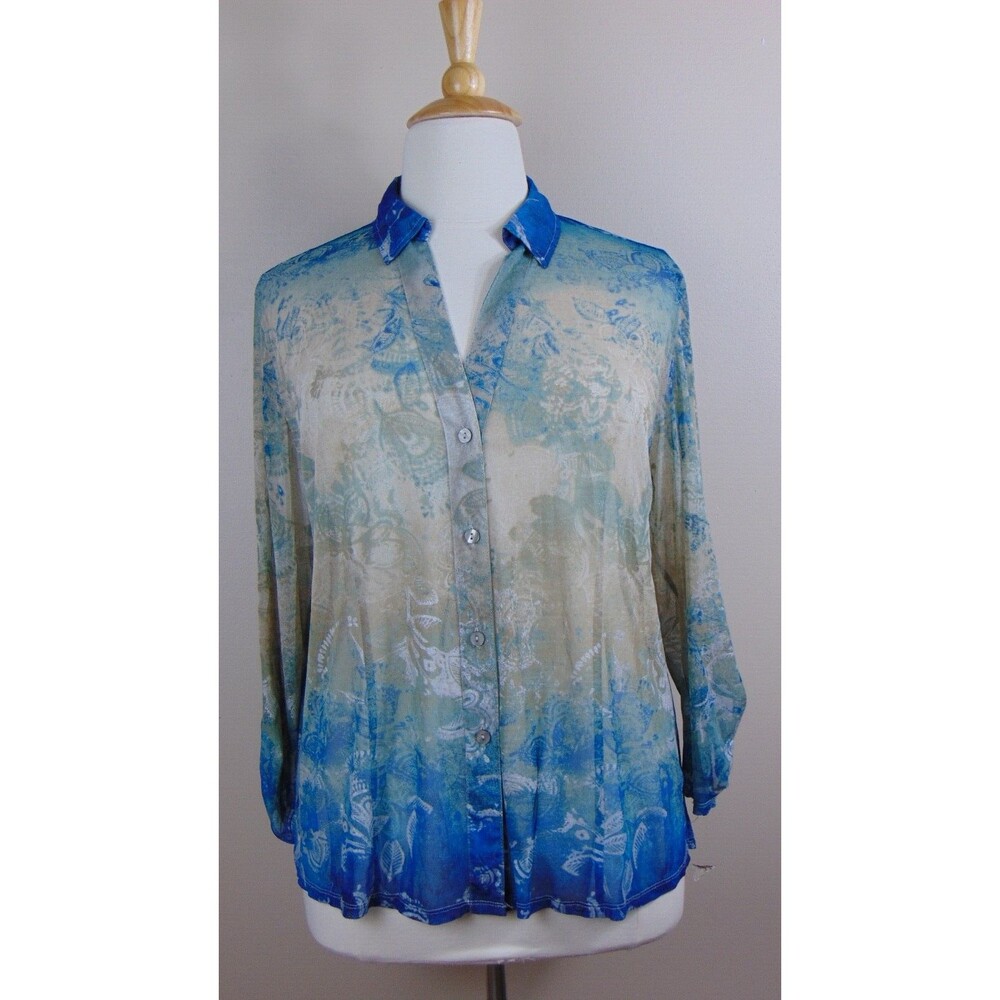 Chico's Top Size 3 XL 16 Roll Tab Popover Sheer Ombre Button Up Blue Tan